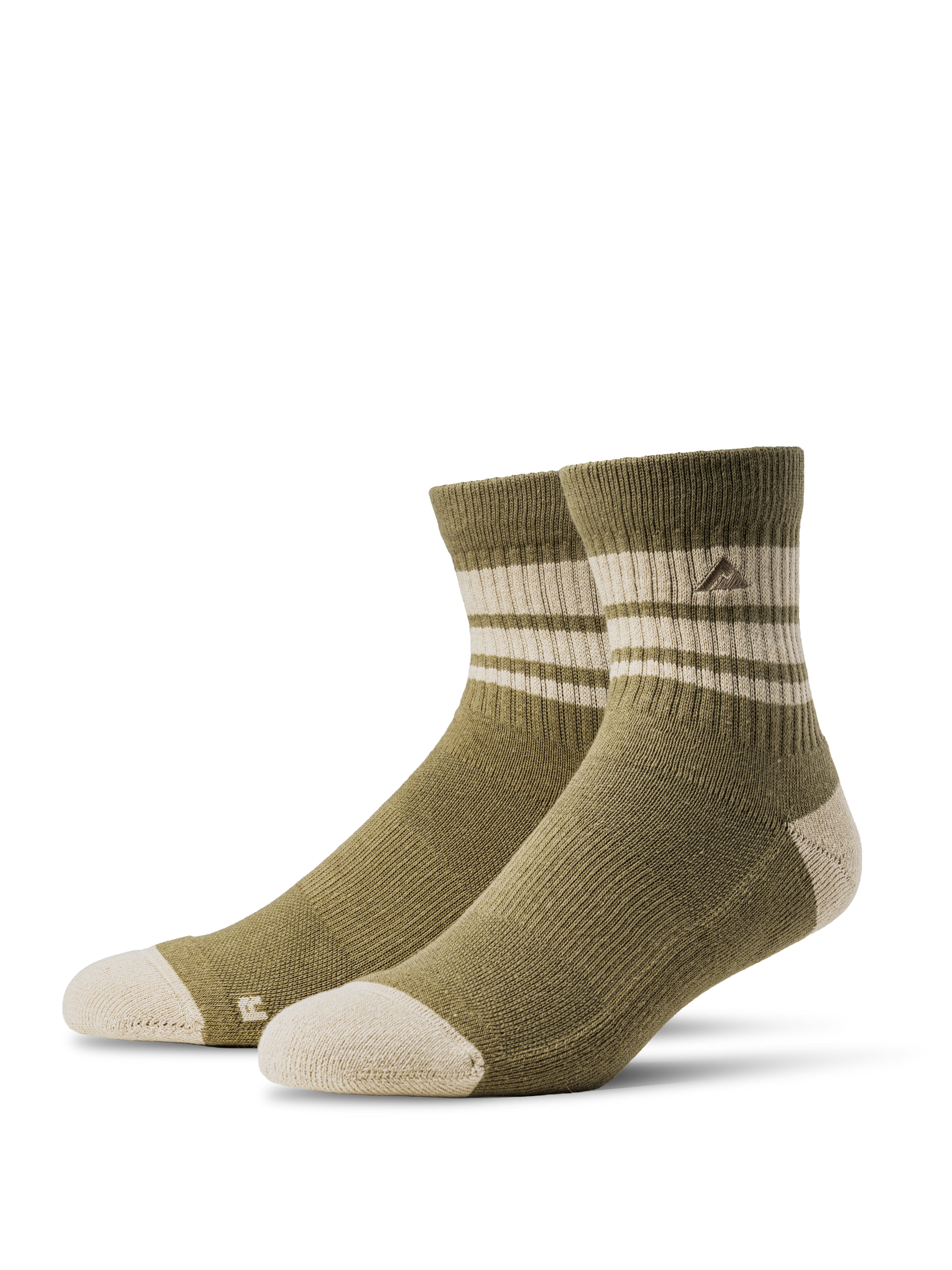 A pair of Ridgemont Trailblazer Quarter socks in Olive Drab with beige stripes and beige toe and heel accents, displayed on a clean white background.