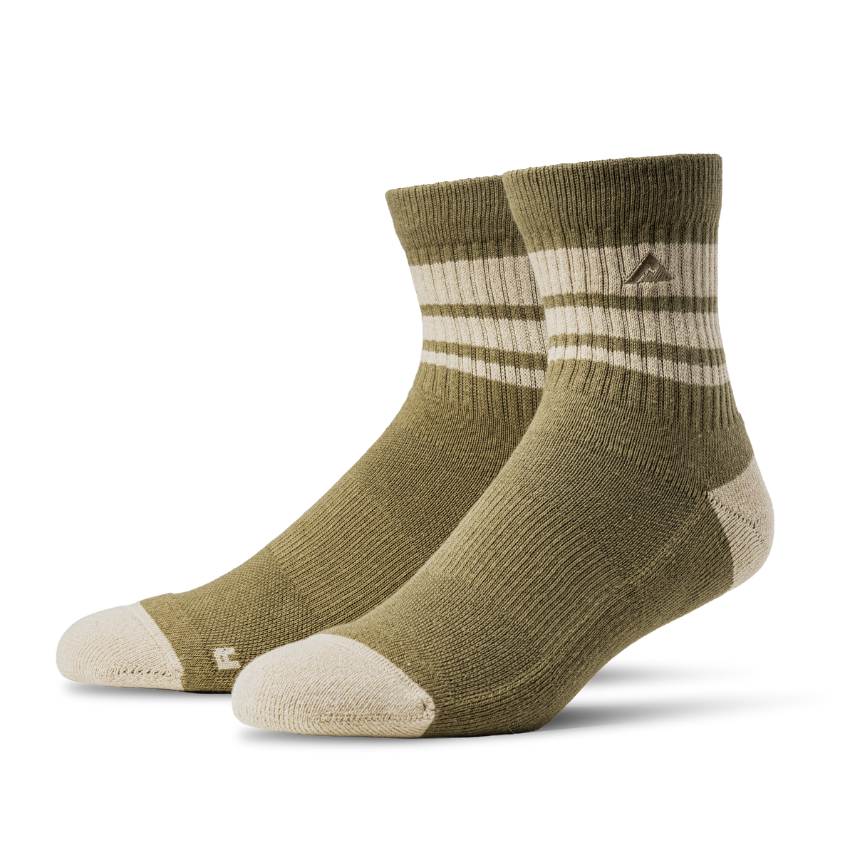 A pair of Ridgemont Trailblazer Quarter socks in Olive Drab with beige stripes and beige toe and heel accents, displayed on a clean white background.