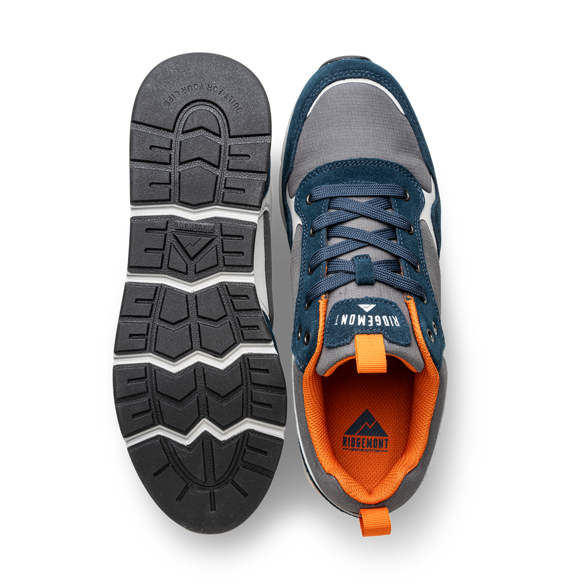 A pair of Ridgemont outdoor shoes sneakers shown from the top and bottom. Top view shows grey micro ripstop poly, navy blue oiled suede, navy shoelaces, mesh upper with orange and light grey accents. Has DWR coating, orange and white CMEVA midsole, while the bottom view shows a black real rubber treaded outsole with white accents. Sneaker shoe made for comfort, nature, walking, everyday, easy going, adventuring.