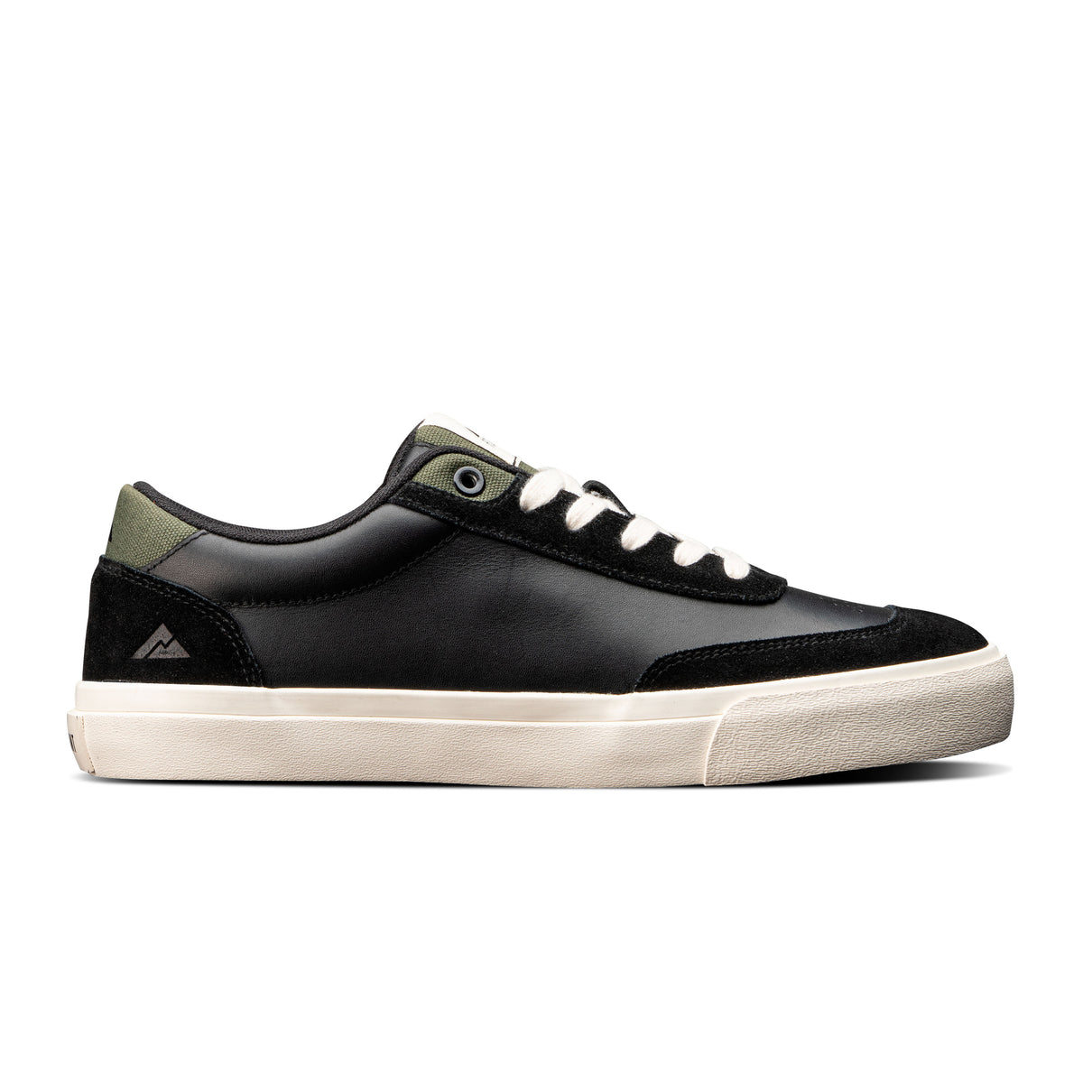 Ridgemont Flint skate shoe in Black Olive Side View. White foxing, genuine oiled suede, rubber herringbone tread, extra thick PU insole, real vulcanized instruction, and leather upper. Black suede and black leather with olive green canvas, completed with white laces.