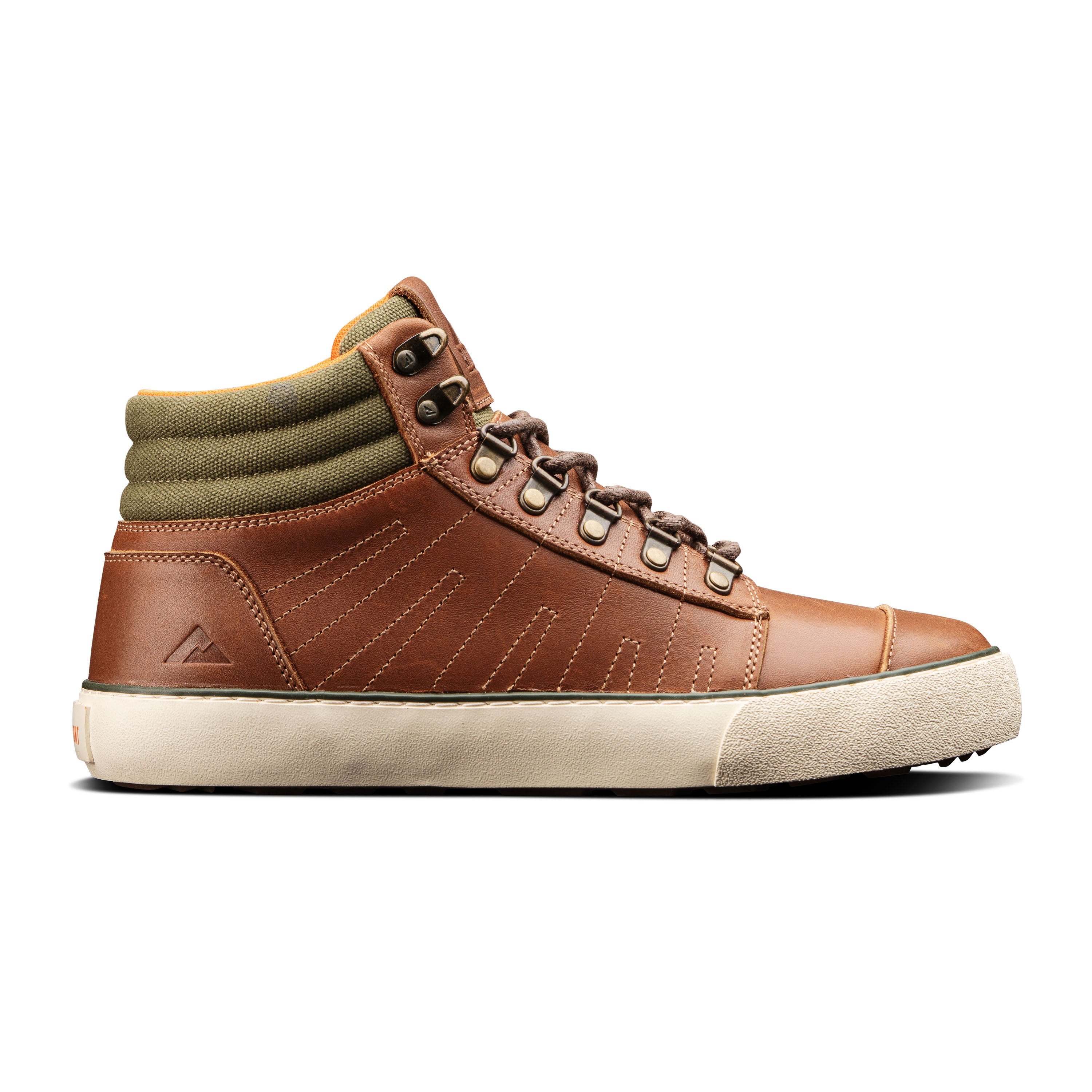 Ridgemont Outback boot in colors Brown Olive featuring cream (off-white) foxing, brown laces, green colored cotton canvas, and full grain leather. Outdoor boot (boots), outdoor shoe (shoes).