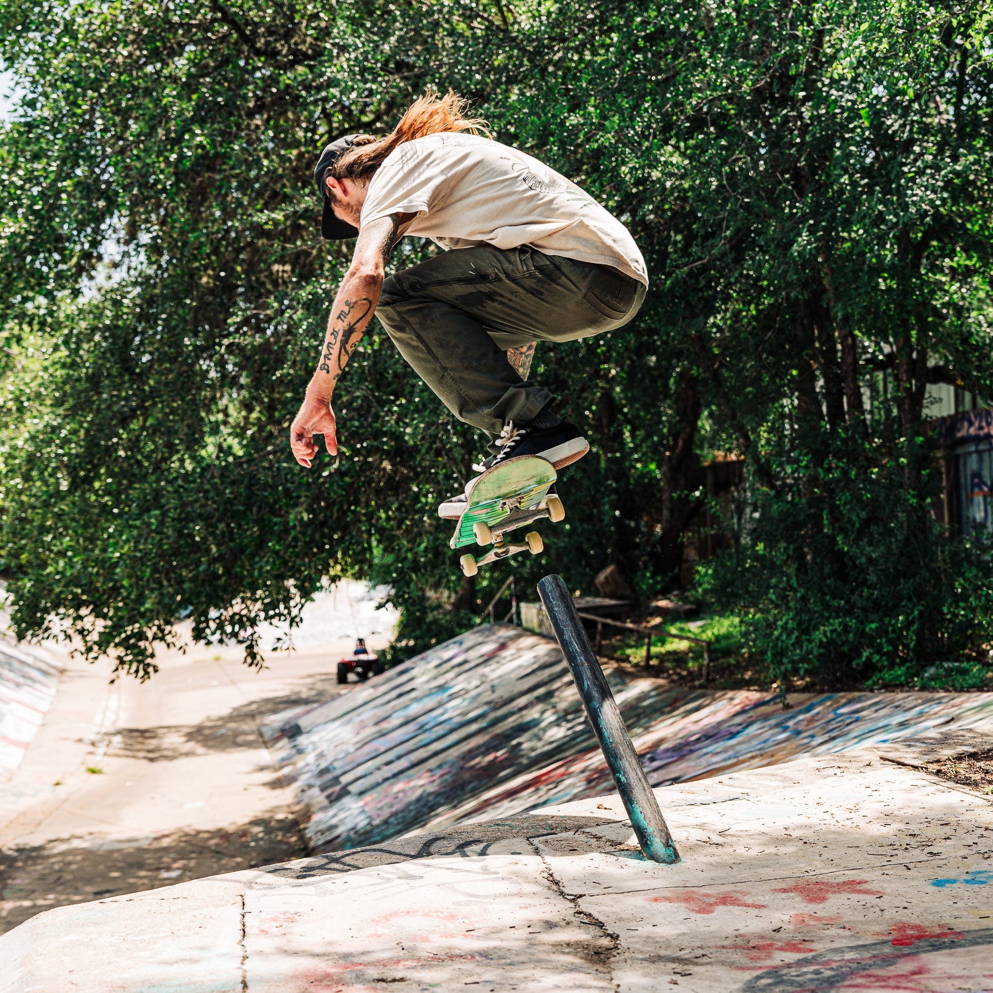 Skateboarder David Gravette Ollie Pole Jam in Austin Texas ditch wearing Ridgemont Flint Skate Shoes