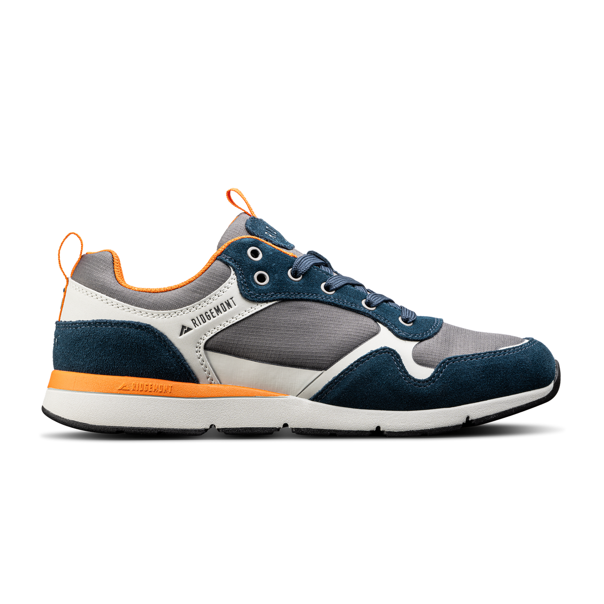 Ridgemont Escape shoe sneaker in color Navy Charcoal showing side view. Shoe is made with grey/gray micro ripstop poly, navy oiled suede, navy laces, orange inner lining, DWR coating, white CMEVA midsole, and a real rubber tread in color black. Ridgemont sneaker, outdoor shoe, everyday shoe, everyday sneaker, comfort, nature, comfort, comfortable.