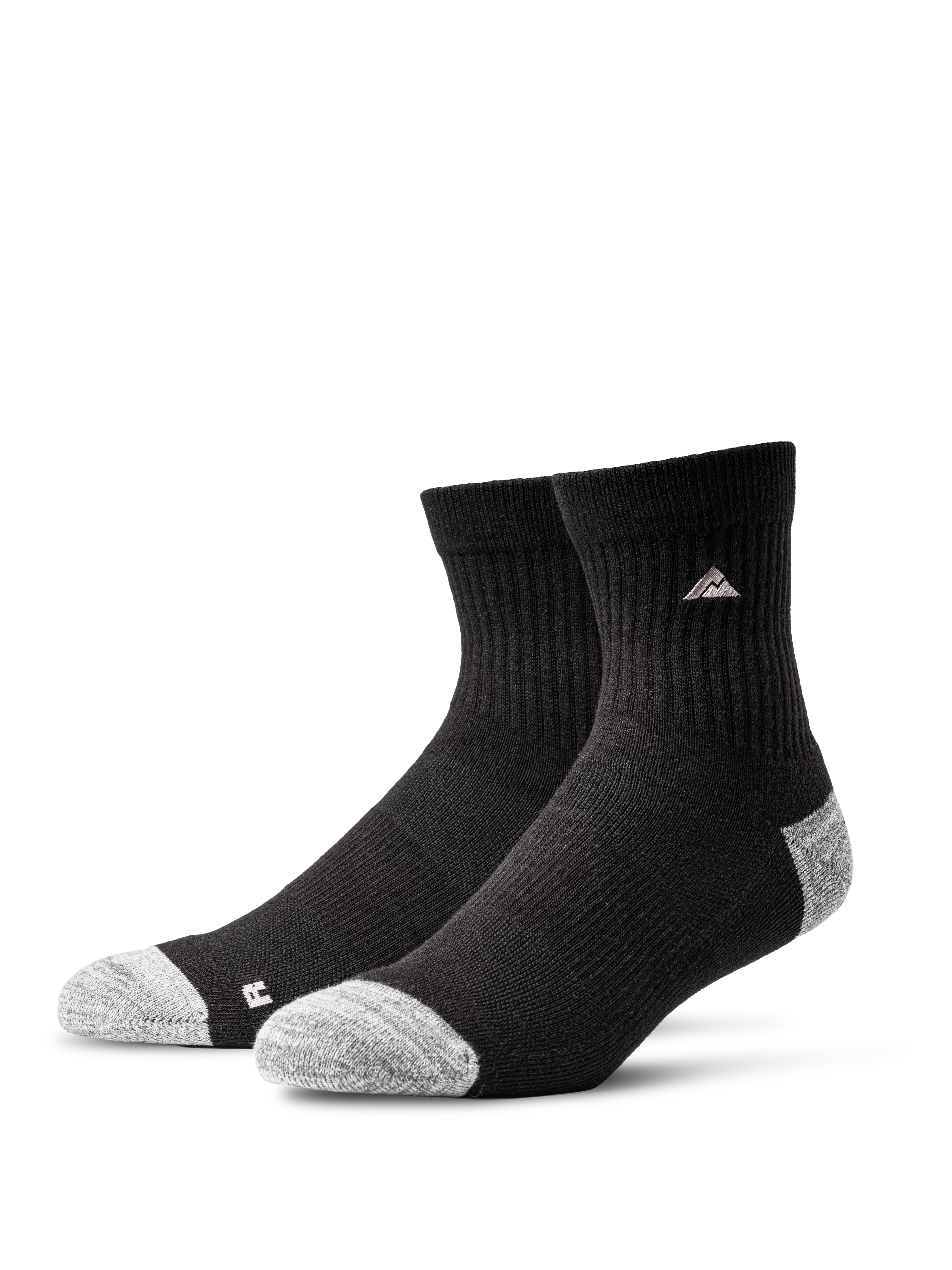 A pair of Ridgemont Staple Quarter Socks Black with light gray toe and heel accents, displayed on a clean white background.