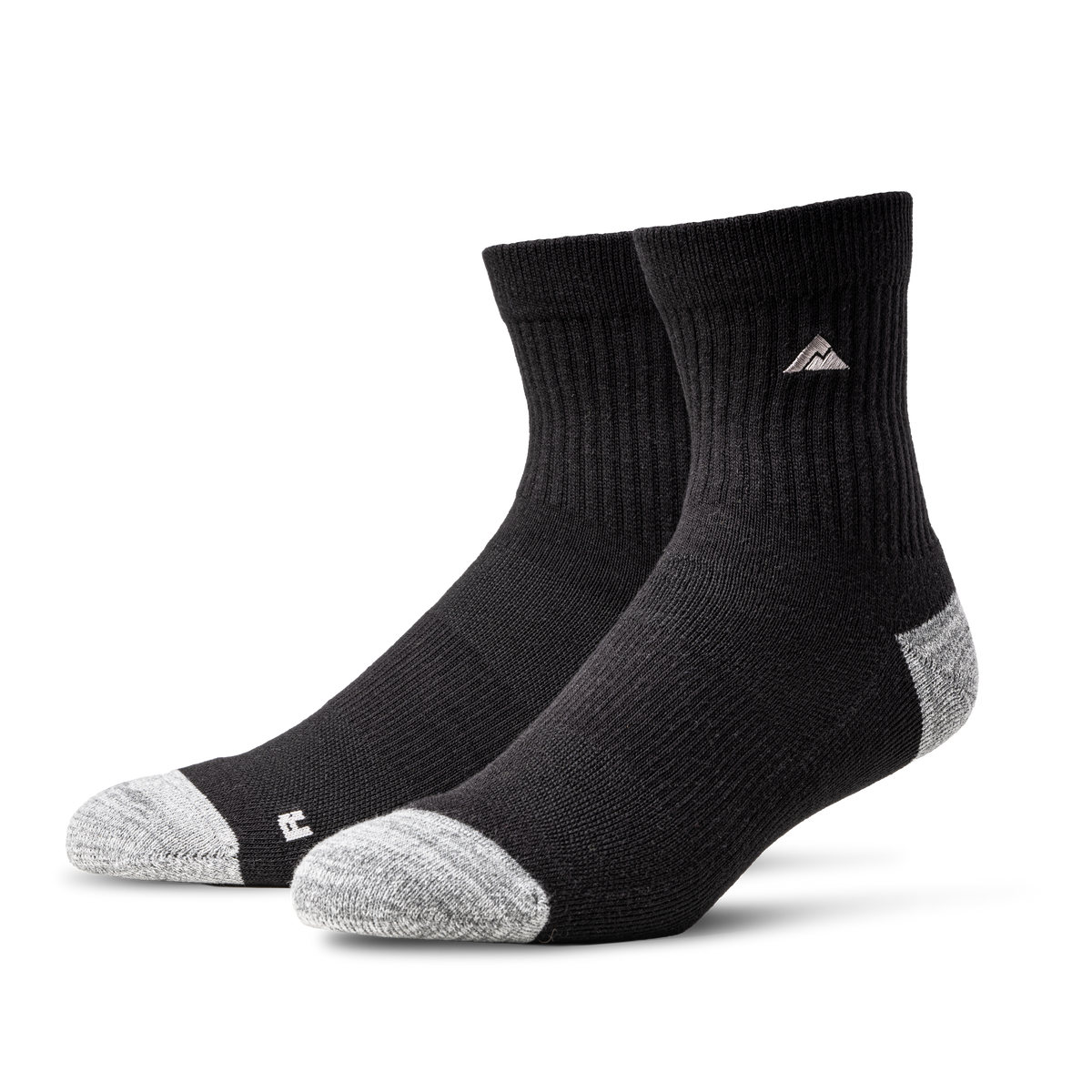 A pair of Ridgemont Staple Quarter Socks Black with light gray toe and heel accents, displayed on a clean white background.