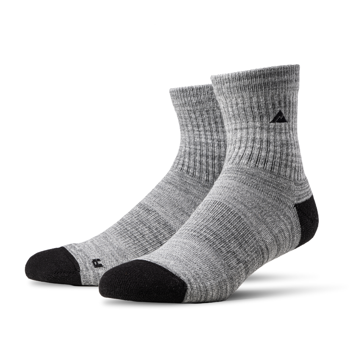 A pair of Ridgemont Staple Quarter Socks Grey with light gray toe and heel accents, displayed on a clean white background.