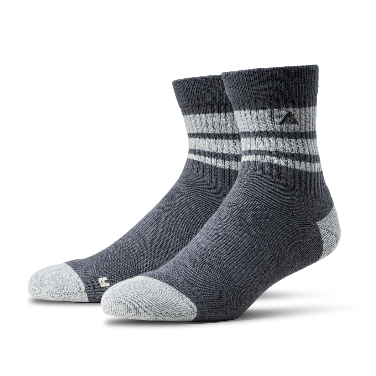 A pair Ridgemont Trailblazer Quarter socks in Storm Blue with light gray stripes and matching light gray toes and heels, displayed on a clean white background.
