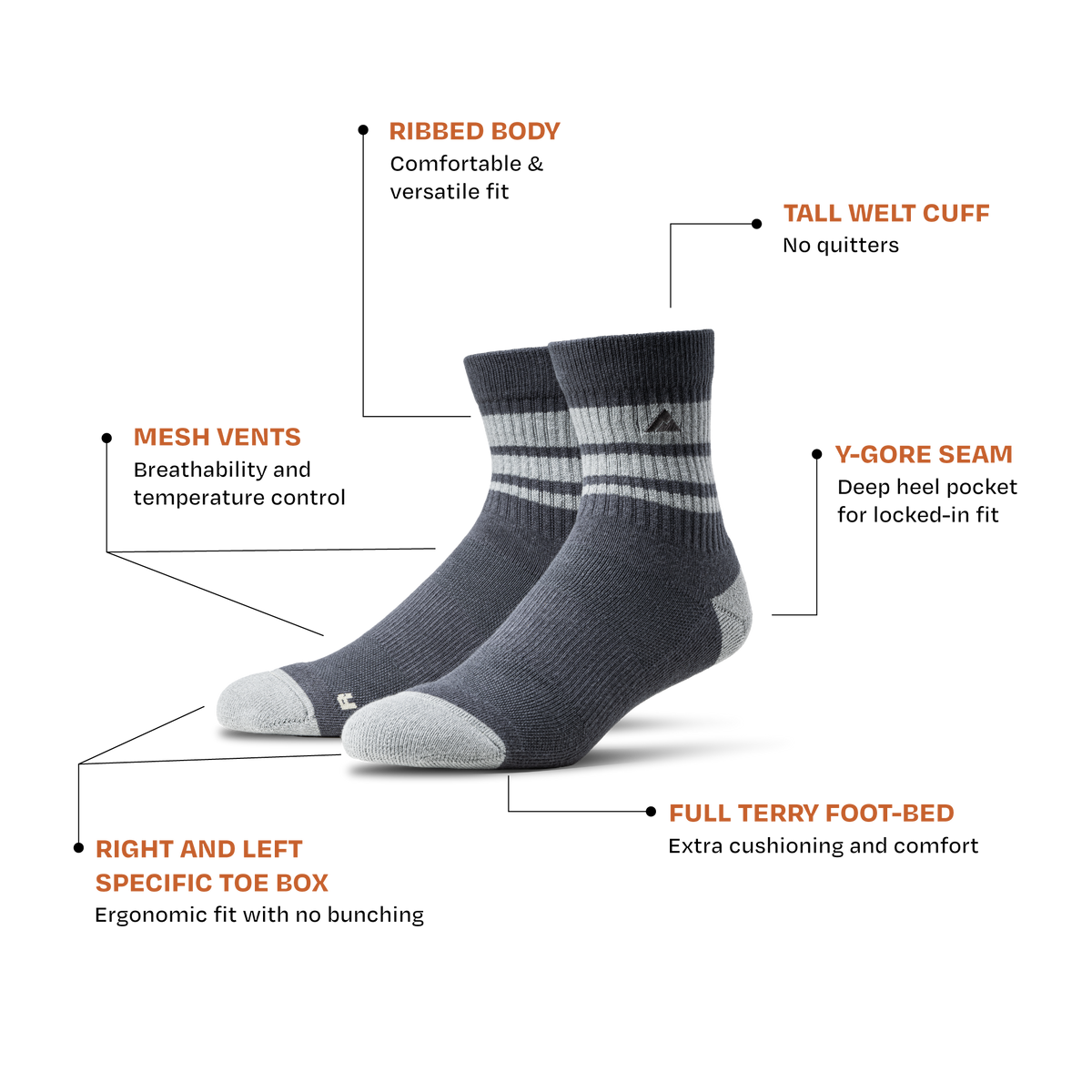 Pair of Ridgemont Trailblazer Socks Tech Features which include Ribbed Body, Mesh Vents, Right and Left Specific Toe Box, Tall Welt Cuff, Y-Gore Seam and Full Terry Foot-Bed.