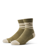 A pair of Ridgemont Trailblazer Quarter socks in Olive Drab with beige stripes and beige toe and heel accents, displayed on a clean white background.