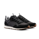 Pair of Ridgemont Escape sneaker in color Black showing black laces, grey inner lining, gum colored real rubber tread, micro ripstop poly, oil suede. Outdoor sneaker, sneakers, outdoor shoes, shoes.