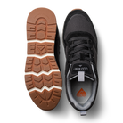 Pair of Ridgemont Escape sneaker shoe in color Black shows top and bottom of shoe. Left shoe shows real rubber tread in color gum and sturdy but comfortable sole. Right shoe shoes black micro ripstop poly, black laces, black canvas, black oil suede, grey inner lining, and black stitching. Outdoor shoes, everyday sneaker, comfort, everyday shoes.