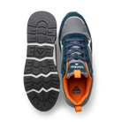 A pair of Ridgemont outdoor shoes sneakers shown from the top and bottom. Top view shows grey micro ripstop poly, navy blue oiled suede, navy shoelaces, mesh upper with orange and light grey accents. Has DWR coating, orange and white CMEVA midsole, while the bottom view shows a black real rubber treaded outsole with white accents. Sneaker shoe made for comfort, nature, walking, everyday, easy going, adventuring. 