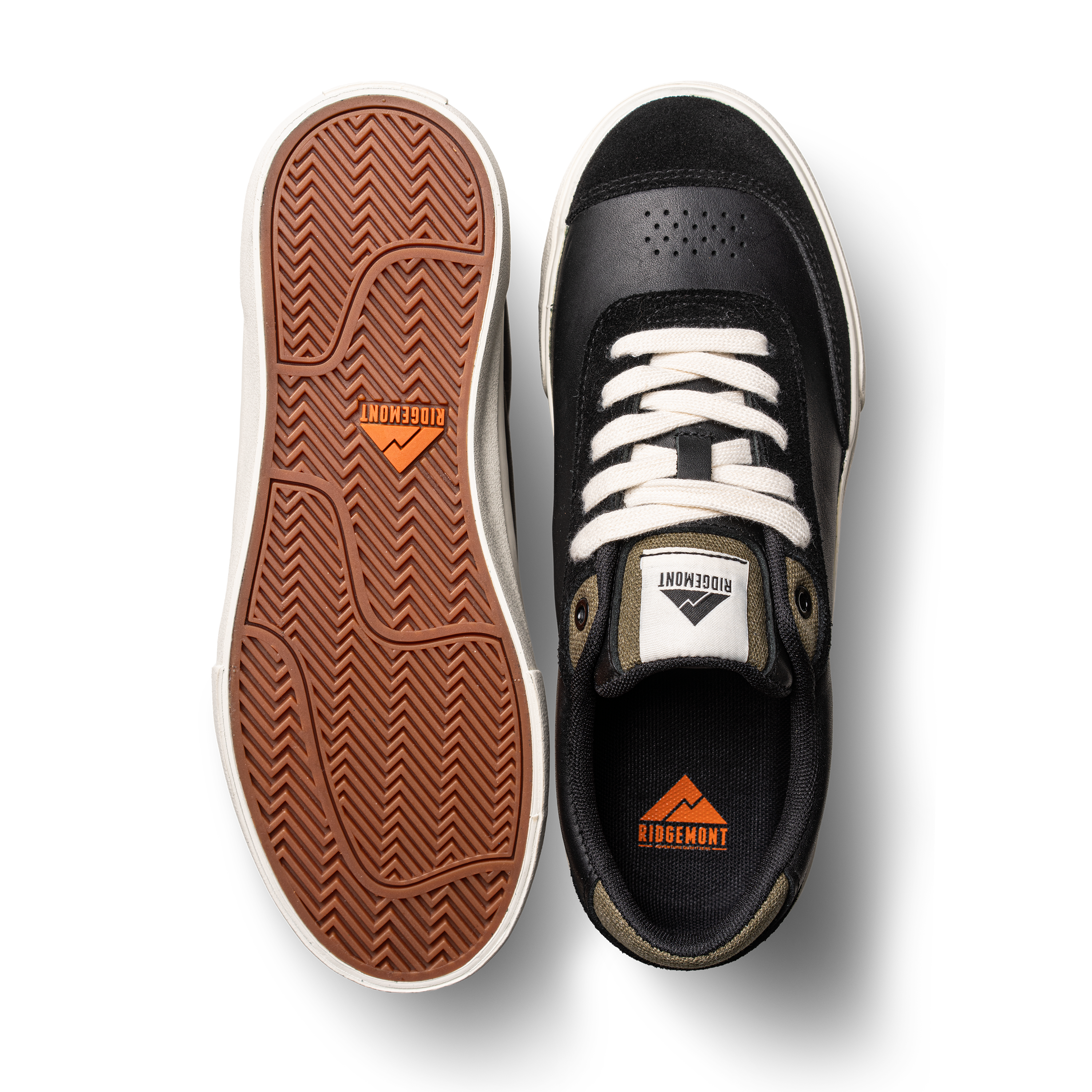 Ridgemont Flint skate shoe in Black Olive showing top view and gum rubber outsole