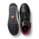 Pair of Ridgemont Outback vulcanized boot in colors Black Grey with one shoe showing black rubber tread and lugged outsole and the other boot showing the black full grain leather upper, black laces, and burgundy inner lining. Outdoor boot, outdoor shoe.