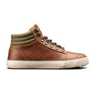 Ridgemont Outback boot in colors Brown Olive featuring cream (off-white) foxing, brown laces, green colored cotton canvas, and full grain leather. Outdoor boot (boots), outdoor shoe (shoes).