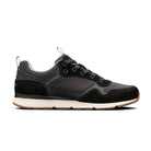 A Ridgemont Escape shoe in color Black showing side view. Shoe is made with black micro ripstop poly, black oiled suede, black laces, grey inner lining, CMEVA midsole, and a real rubber tread. Ridgemont sneaker, outdoor shoe/shoes, outdoor sneaker/sneakers. 