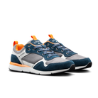 Ridgemont Escape shoe sneaker in color Navy Charcoal showing side cross view. Shoe is made with grey/gray micro ripstop poly, navy oiled suede, navy laces, orange inner lining, DWR coating, white CMEVA midsole, and a real rubber tread in color black. Ridgemont sneaker is an outdoor shoe, everyday in-town shoe, everyday sneaker. Made for adventure, excitement, chill, nature, comfort, comfortable, indepedent.