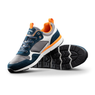 Ridgemont Escape shoe sneaker in color Navy Charcoal heel cross side view. Shoe is made with grey/gray micro ripstop poly, navy oiled suede, navy laces, orange inner lining, DWR coating, white and orange CMEVA midsole, real rubber tread in color black, real grip. Ridgemont sneaker, outdoor shoe, everyday shoe, everyday sneaker, comfort, nature, comfort, comfortable, perfect, lightweight, light-weight. Suited for adventure, outdoors, outside, nature. Independent footwear brand.
