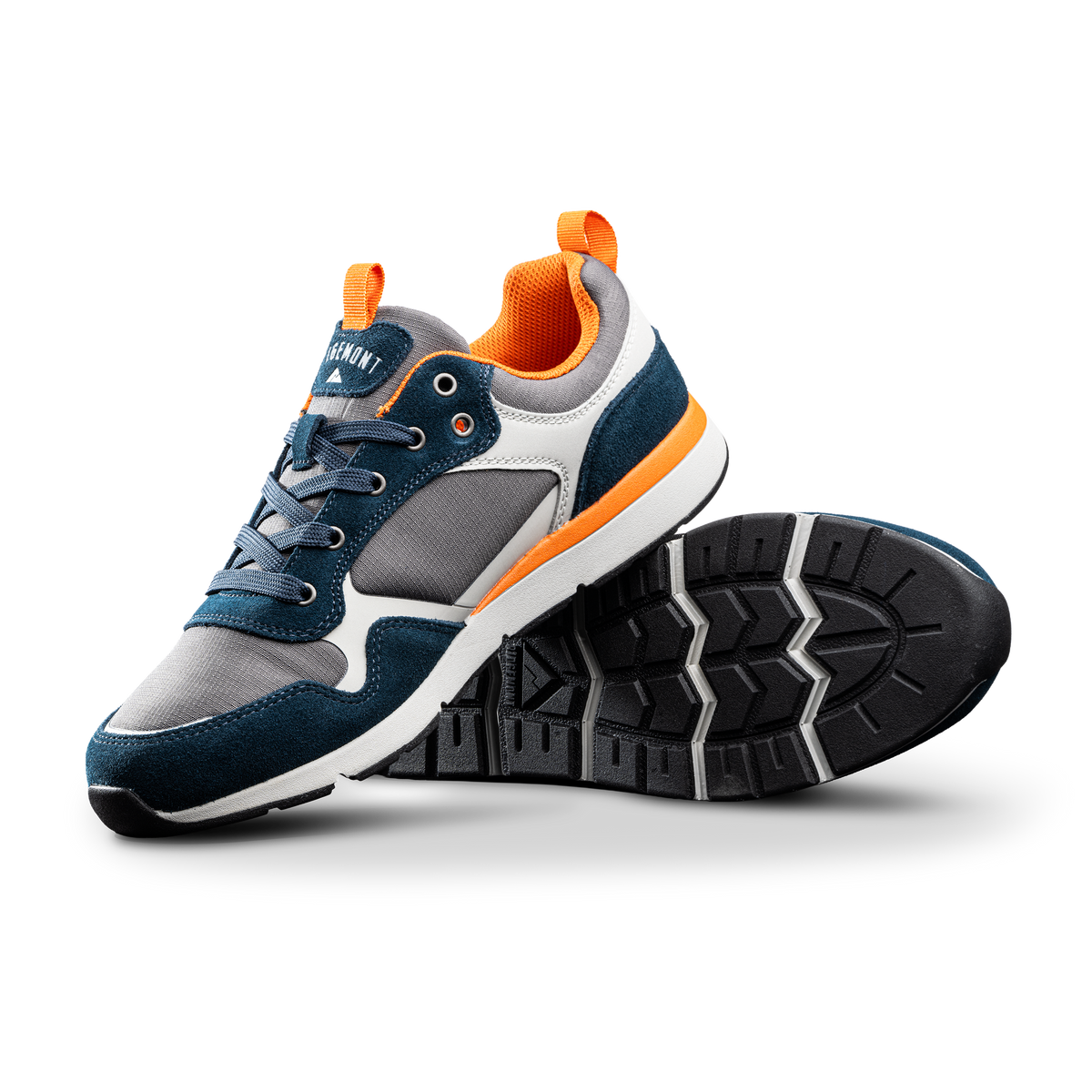 Ridgemont Escape shoe sneaker in color Navy Charcoal heel cross side view. Shoe is made with grey/gray micro ripstop poly, navy oiled suede, navy laces, orange inner lining, DWR coating, white and orange CMEVA midsole, real rubber tread in color black, real grip. Ridgemont sneaker, outdoor shoe, everyday shoe, everyday sneaker, comfort, nature, comfort, comfortable, perfect, lightweight, light-weight. Suited for adventure, outdoors, outside, nature. Independent footwear brand.