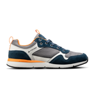Ridgemont Escape shoe sneaker in color Navy Charcoal showing side view. Shoe is made with grey/gray micro ripstop poly, navy oiled suede, navy laces, orange inner lining, DWR coating, white CMEVA midsole, and a real rubber tread in color black. Ridgemont sneaker, outdoor shoe, everyday shoe, everyday sneaker, comfort, nature, comfort, comfortable.