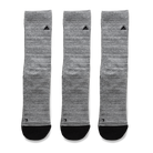 Three pairs of Ridgemont grey crew socks with black toe caps, right and left toe box, and a small black Ridgemont logo near the cuff, arranged side by side. Best socks, everyday wear, dependable, comfort, comfortable.