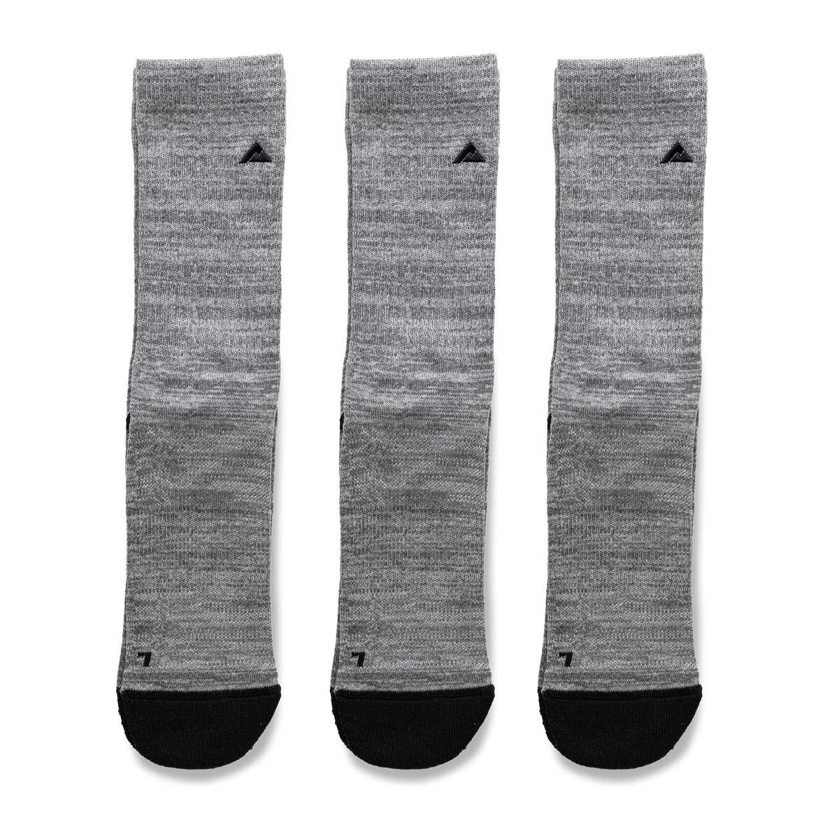 Three pairs of Ridgemont grey crew socks with black toe caps, right and left toe box, and a small black Ridgemont logo near the cuff, arranged side by side. Best socks, everyday wear, dependable, comfort, comfortable.