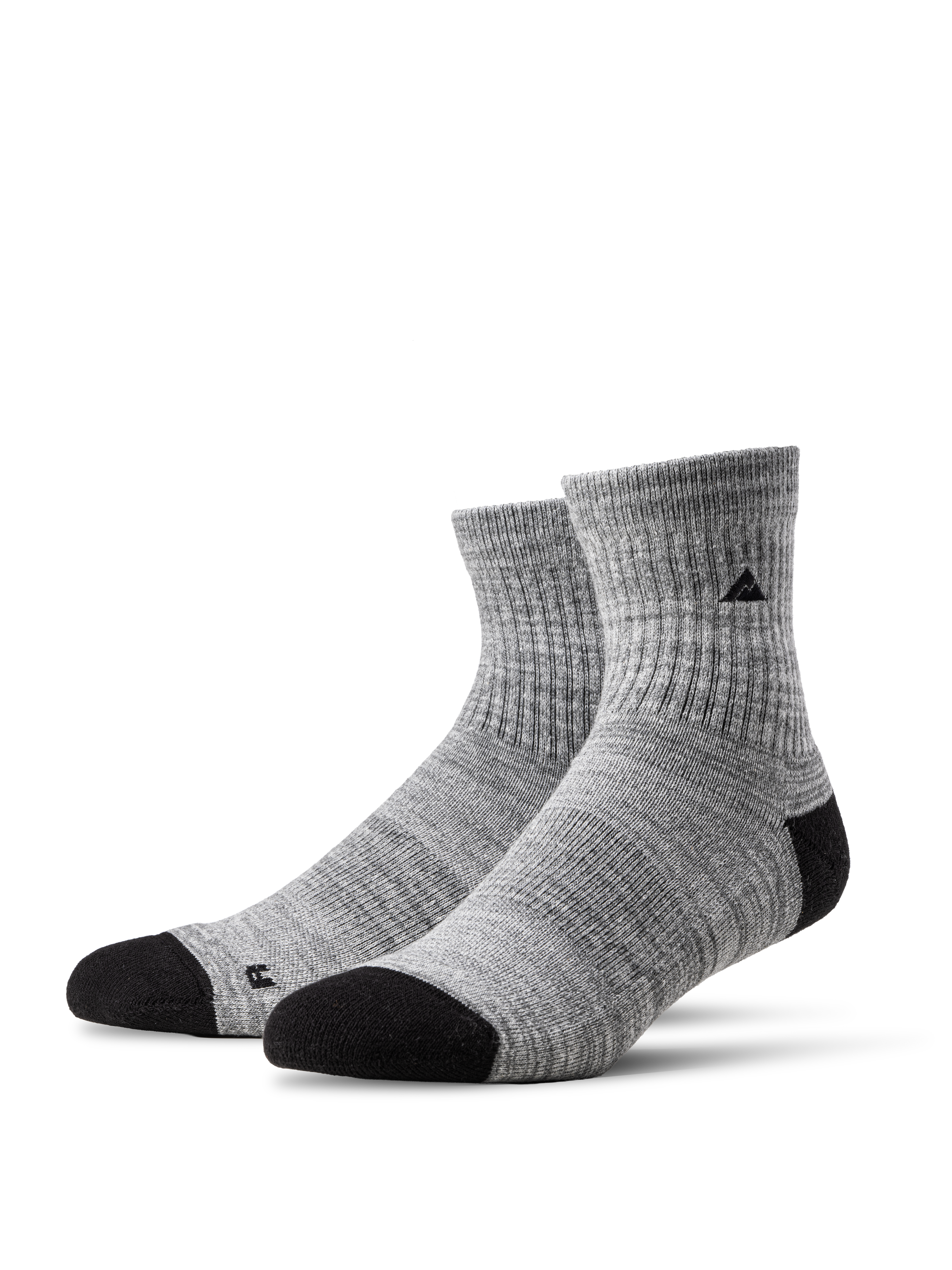 A pair of Ridgemont Staple Quarter Socks Grey with light gray toe and heel accents, displayed on a clean white background.