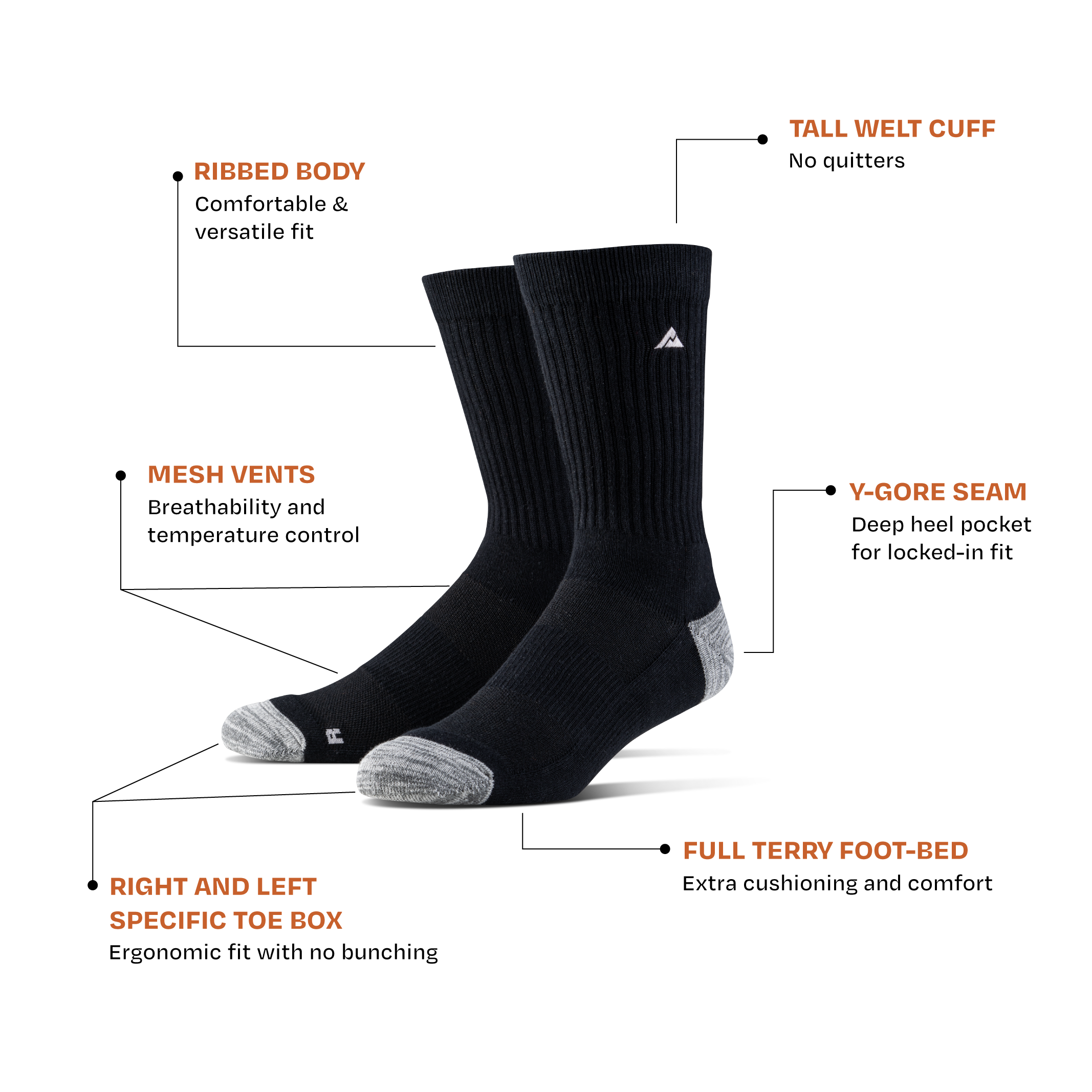 A pair of Ridgemont socks featuring Ribbed Body, Tall Welt Cuff, Mesh Vents, Y-Gore Seam, Right Left Specific Toe Box and Full Terry Foot-Bed.
