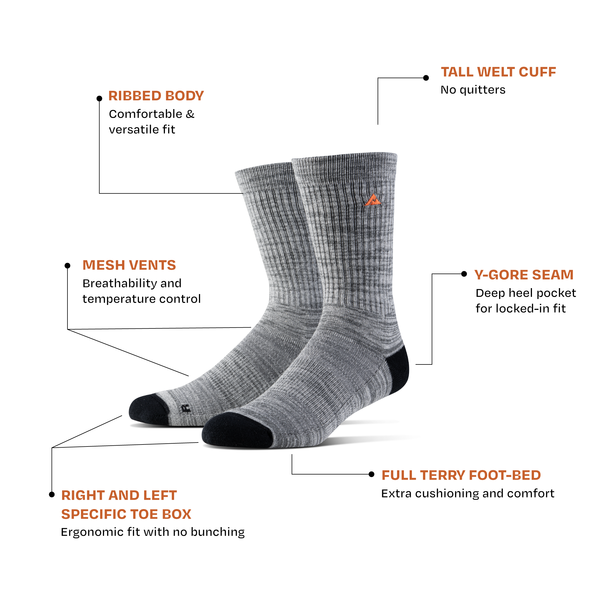 A pair of Ridgemont socks featuring Ribbed Body, Tall Welt Cuff, Mesh Vents, Y-Gore Seam, Right Left Specific Toe Box and Full Terry Foot-Bed.