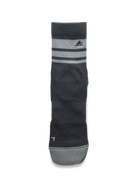 A single Ridgemont Trailblazer Quarter Storm Blue sock with two horizontal gray stripes near the cuff, a small embroidered logo on the upper stripe, and a lighter gray toe cap, shown against a plain white background.