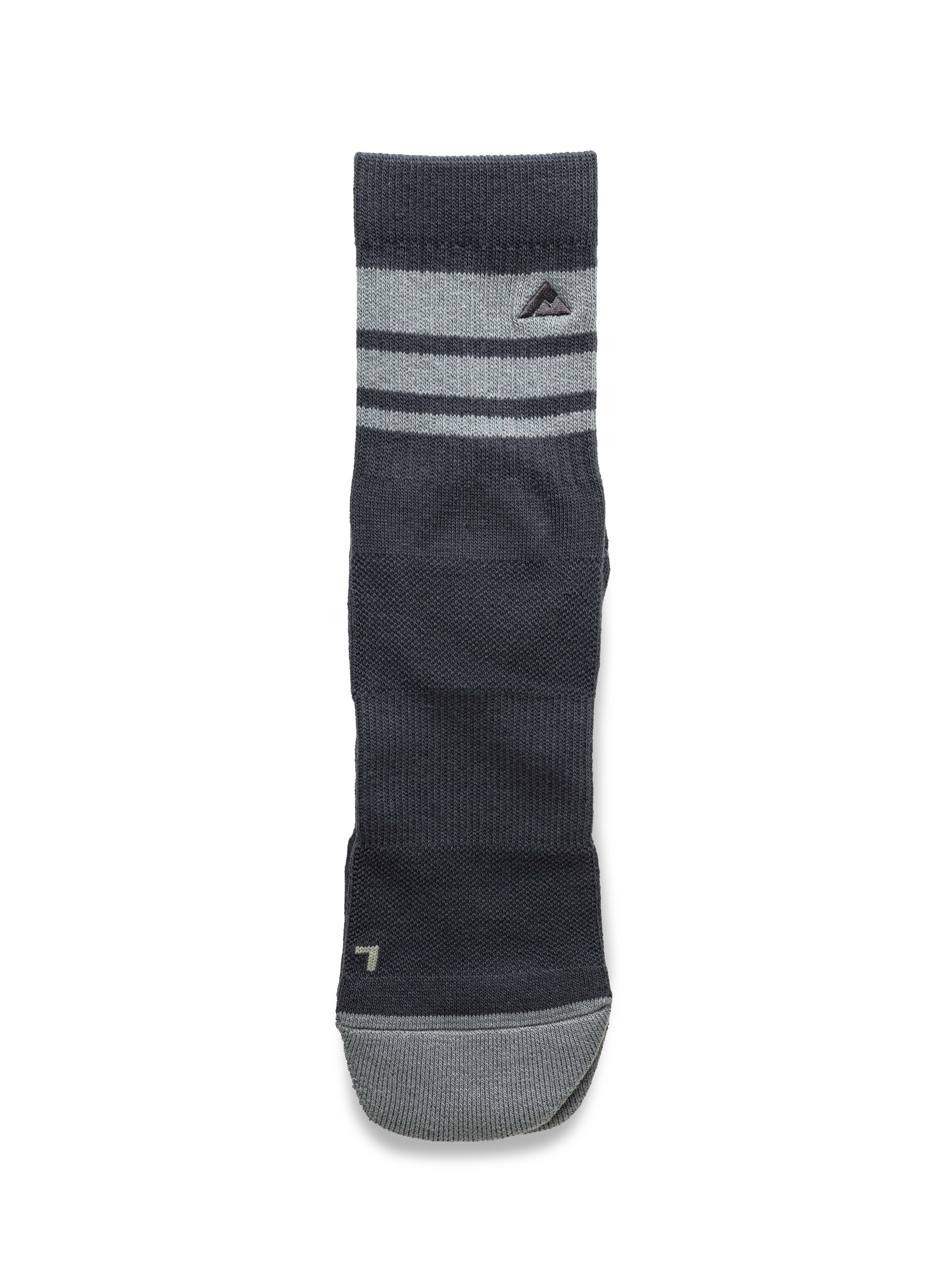 A single Ridgemont Trailblazer Quarter Storm Blue sock with two horizontal gray stripes near the cuff, a small embroidered logo on the upper stripe, and a lighter gray toe cap, shown against a plain white background.