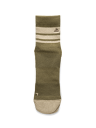 An Ridgemont Trailblazer Quarter socks in Olive Drab sock with beige stripes near the cuff and a beige toe cap, featuring a small embroidered mountain logo on the upper cuff.