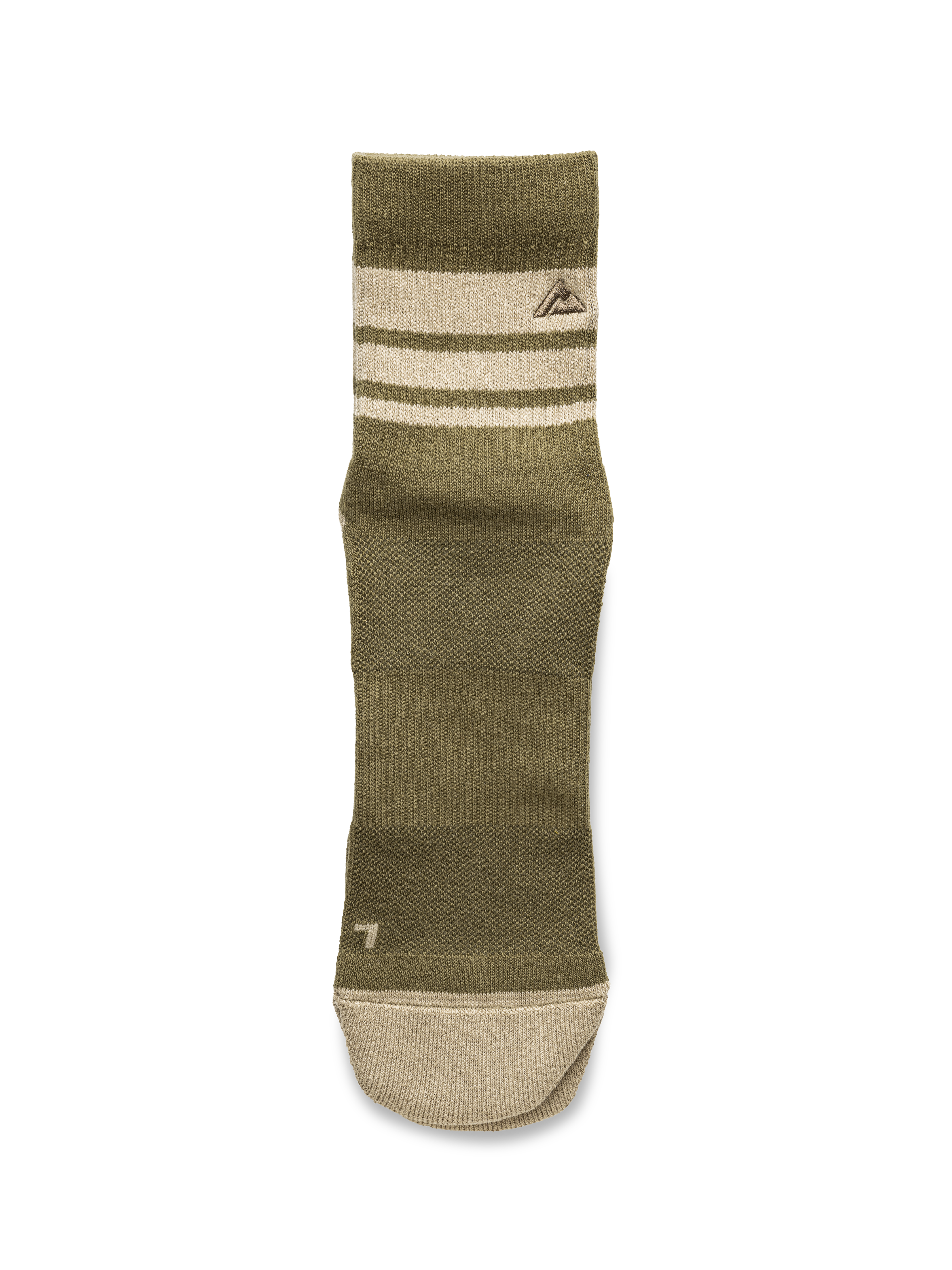 An Ridgemont Trailblazer Quarter socks in Olive Drab sock with beige stripes near the cuff and a beige toe cap, featuring a small embroidered mountain logo on the upper cuff.