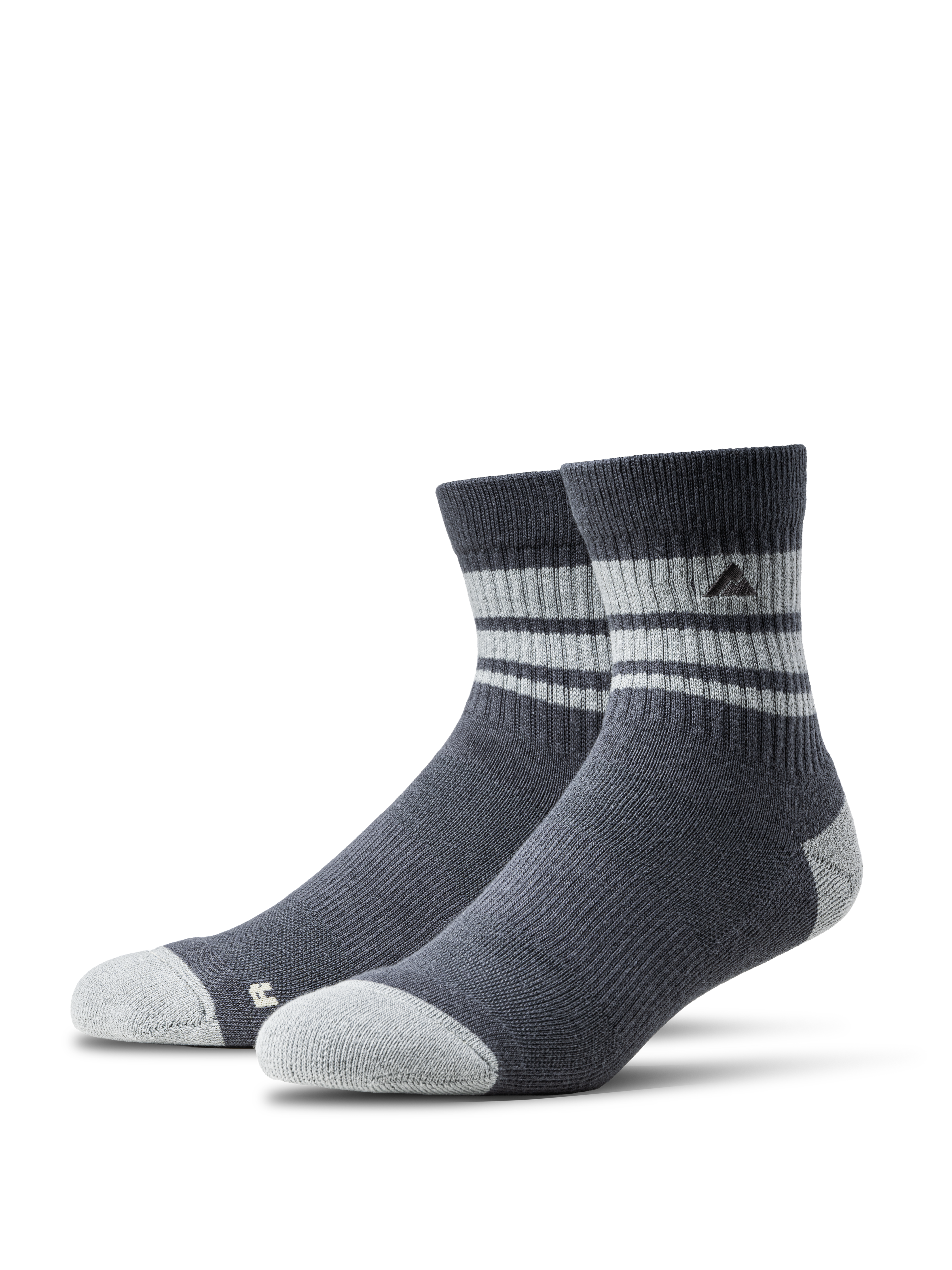 A pair Ridgemont Trailblazer Quarter socks in Storm Blue with light gray stripes and matching light gray toes and heels, displayed on a clean white background.