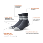 Pair of Ridgemont Trailblazer Socks Tech Features which include Ribbed Body, Mesh Vents, Right and Left Specific Toe Box, Tall Welt Cuff, Y-Gore Seam and Full Terry Foot-Bed.